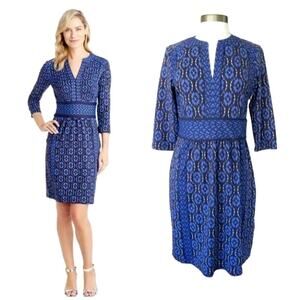 J McLaughlin Lola Dress Blue Ikat Print 3/4 Sleeve Catalina Cloth